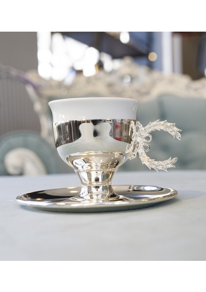 Gümüş Kaplama Fincan Seti Çelenk Kulplu Model
