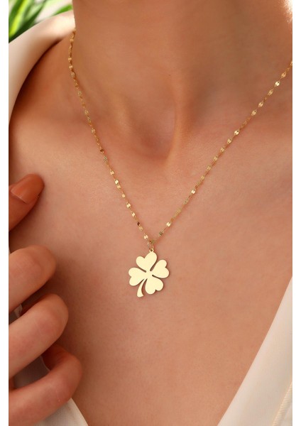 14 Ayar Altın Yonca Kalın Aynalı Zincir Kolye