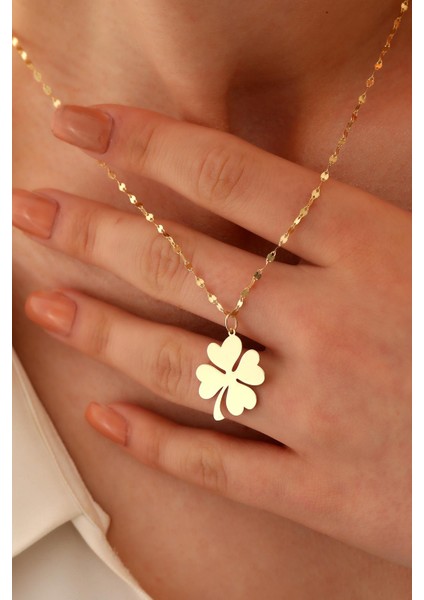 14 Ayar Altın Yonca Kalın Aynalı Zincir Kolye modelleri