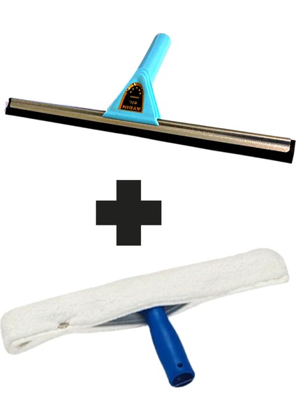 Metal Başlıklı Cam Çek Çek Camsil 45 cm + 45 cm Peluş ve Aparatı + 50x50 cm Mikrofiber Cam Bezi + Aparat