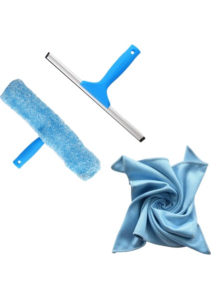 Metal Başlıklı Cam Çek Çek Camsil 25 cm + 25 cm Peluş ve Aparatı + 50x50 cm Mikrofiber Cam Bezi