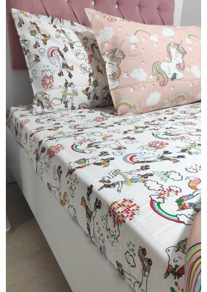 Dans Eden Unicorn Desenli Lastikli Çarşaflı Tek Kişilik Nevresim Takımı