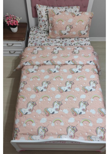 Dans Eden Unicorn Desenli Lastikli Çarşaflı Tek Kişilik Nevresim Takımı