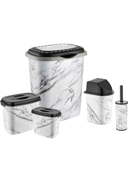 Beyaz Mermer Desen 5 Parça Banyo Çamaşır Seti Kirli Sepeti+Deterjan,calgonluk Wc Fırçası Çöp Kovası