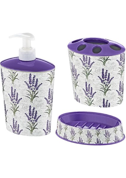 Vintage Lavanta Stil 3 Parça Banyo Lavabo Seti Diş Fırçalık Sıvı+Katı Sabunluk Kırılmaz Özel Plastik