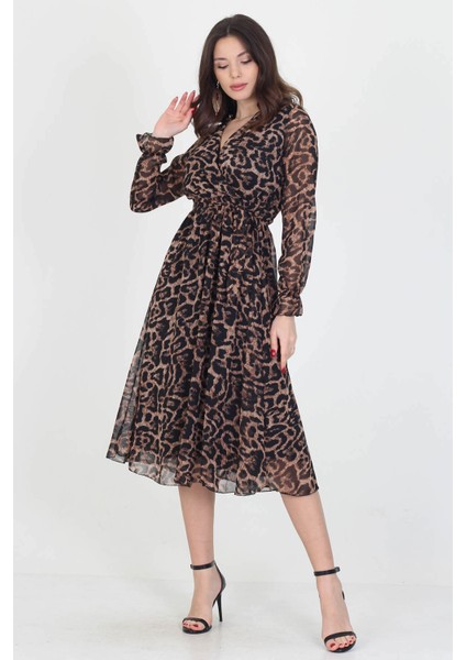 Kadın Astarlı Kruvaze Yaka Midi Boy Leopar Desenli Şifon Elbise RSSN07