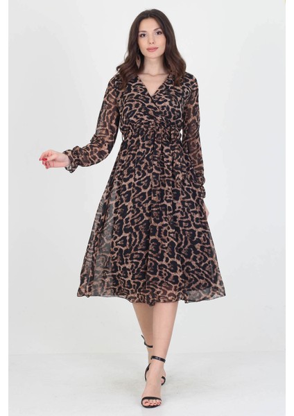 Kadın Astarlı Kruvaze Yaka Midi Boy Leopar Desenli Şifon Elbise RSSN07 fiyatları