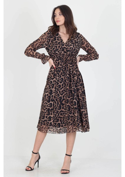 Kadın Astarlı Kruvaze Yaka Midi Boy Leopar Desenli Şifon Elbise RSSN07 modelleri