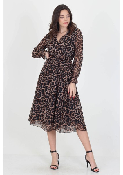Kadın Astarlı Kruvaze Yaka Midi Boy Leopar Desenli Şifon Elbise RSSN07 fırsatları
