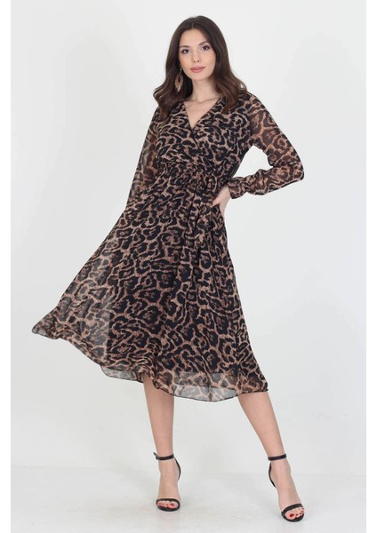 Kadın Astarlı Kruvaze Yaka Midi Boy Leopar Desenli Şifon Elbise RSSN07 indirimleri