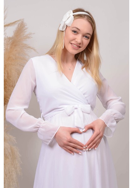 Neşeli Butik Kadın Beyaz Kruvaze Yaka Baby Shower Şifon Hamile Elbise HML003