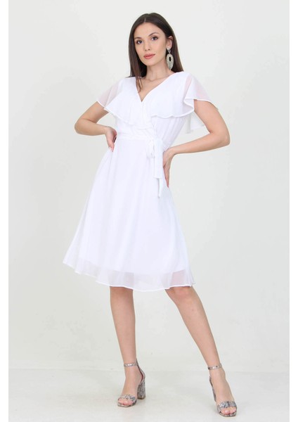 Kadın Kruvaze Yaka Bağlama Detaylı Yeni Sezon Şifon Elbise NB8081 modelleri