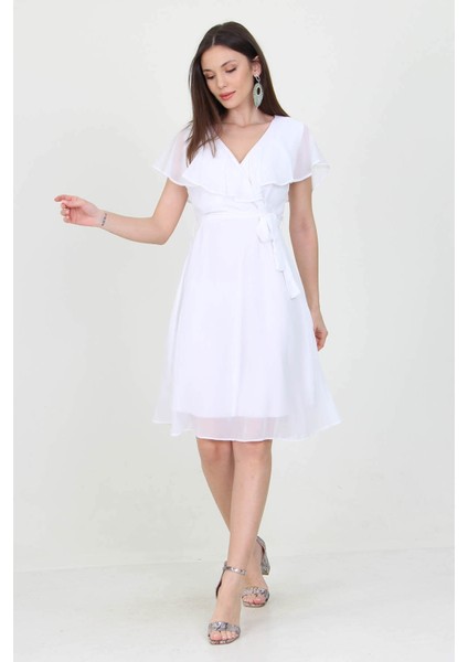 Kadın Kruvaze Yaka Bağlama Detaylı Yeni Sezon Şifon Elbise NB8081 fırsatları