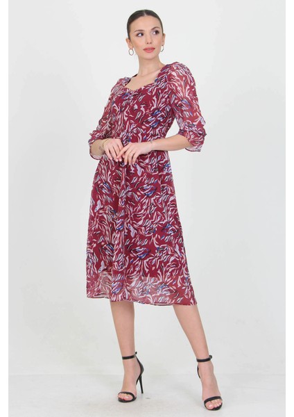 Kadın Bordo Kalp Yaka Yeni Sezon Desenli Şifon Elbise RY0030 fiyatları