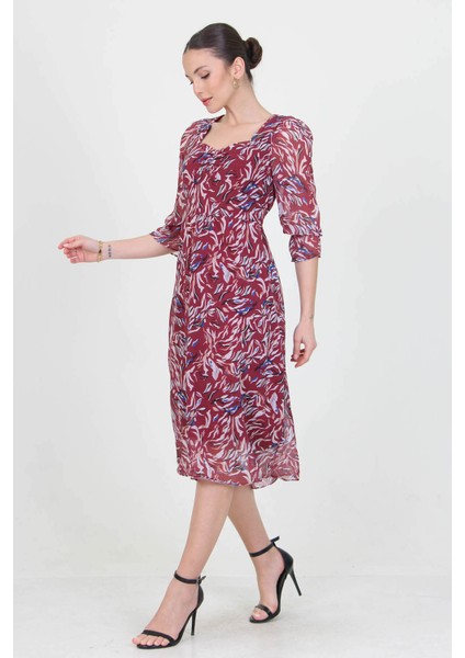 Kadın Bordo Kalp Yaka Yeni Sezon Desenli Şifon Elbise RY0030 modelleri