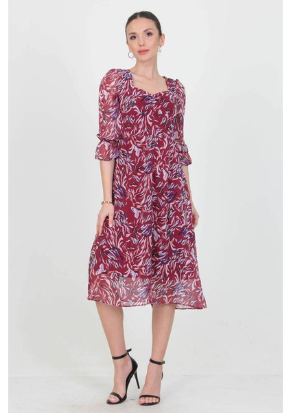 Kadın Bordo Kalp Yaka Yeni Sezon Desenli Şifon Elbise RY0030 fırsatları