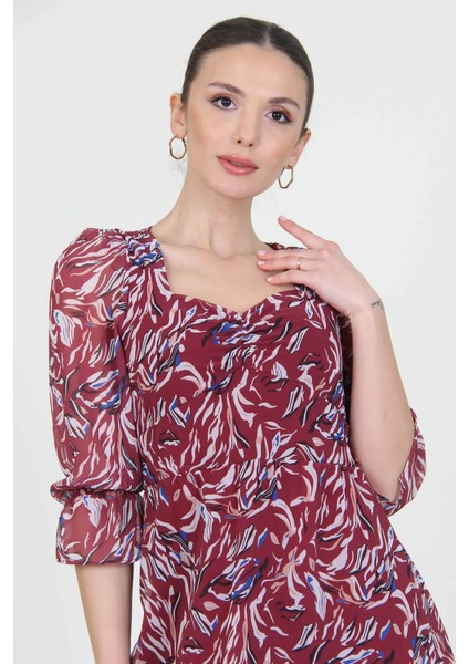 Kadın Bordo Kalp Yaka Yeni Sezon Desenli Şifon Elbise RY0030 indirimleri