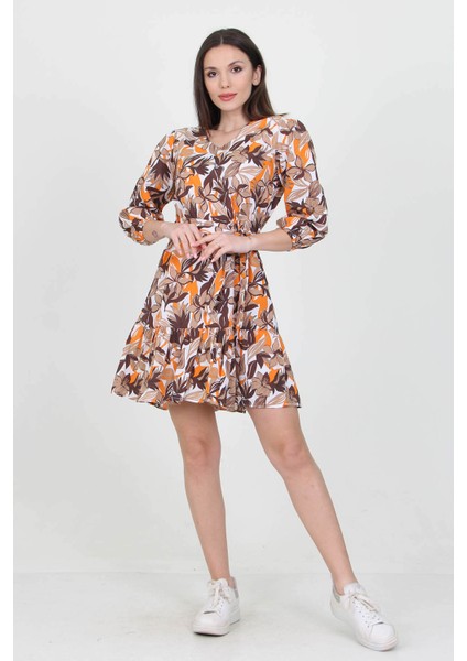 Kadın Camel V Yaka Bağlama Detaylı Çiçekli Mini Elbise NB10029 fiyatları