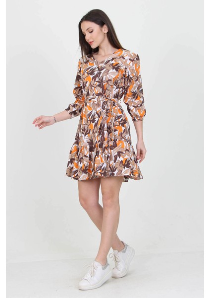 Kadın Camel V Yaka Bağlama Detaylı Çiçekli Mini Elbise NB10029 modelleri