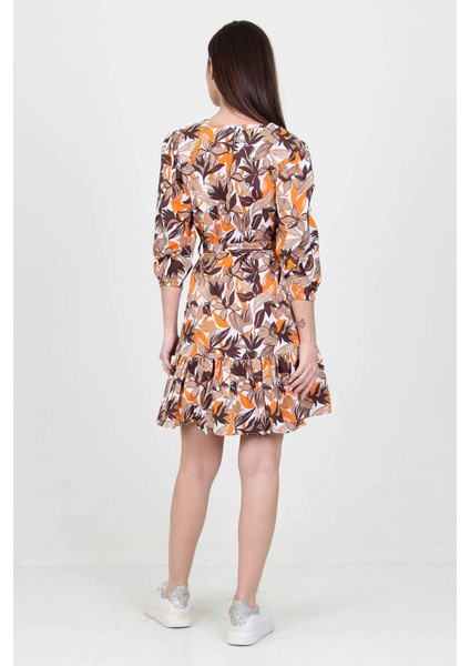 Kadın Camel V Yaka Bağlama Detaylı Çiçekli Mini Elbise NB10029 indirimleri