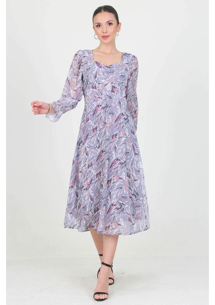 Kadın Gri Kalp Yaka Yeni Sezon Desenli Şifon Elbise RY0030