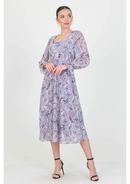 Kadın Gri Kalp Yaka Yeni Sezon Desenli Şifon Elbise RY0030 fiyatları