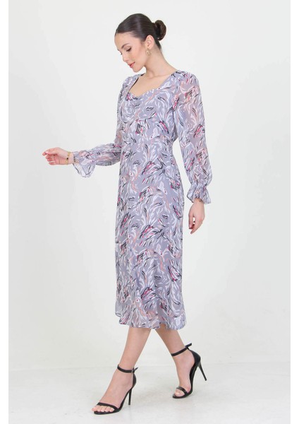 Kadın Gri Kalp Yaka Yeni Sezon Desenli Şifon Elbise RY0030 modelleri