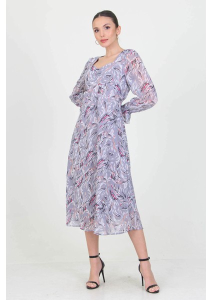 Kadın Gri Kalp Yaka Yeni Sezon Desenli Şifon Elbise RY0030 fırsatları