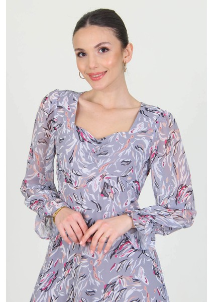 Kadın Gri Kalp Yaka Yeni Sezon Desenli Şifon Elbise RY0030 indirimleri