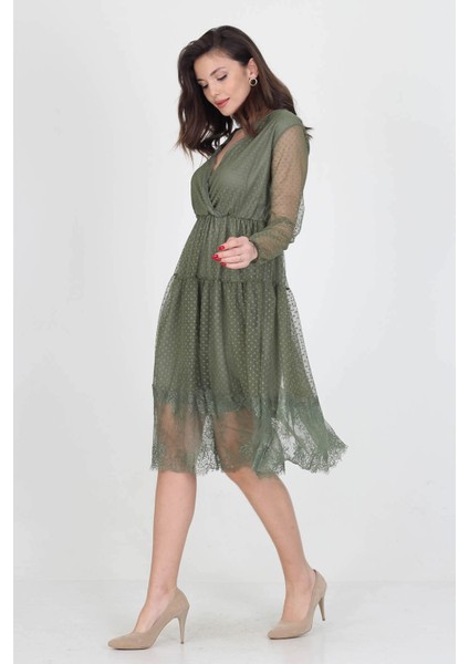 Neseli Butik Kruvaze Yaka Eteği Güpür Detaylı Yeni Sezon Elbise NB0010 fırsatları