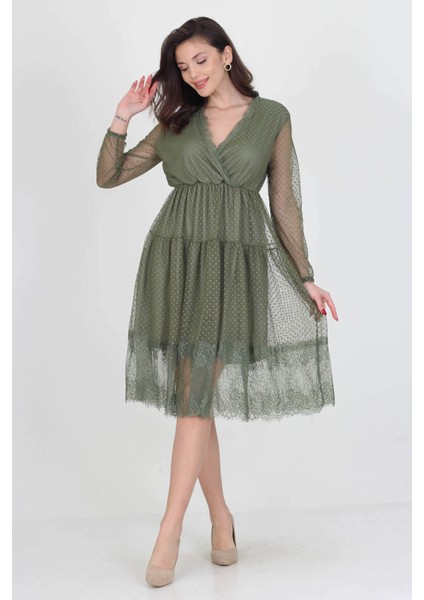 Neseli Butik Kruvaze Yaka Eteği Güpür Detaylı Yeni Sezon Elbise NB0010 indirimleri