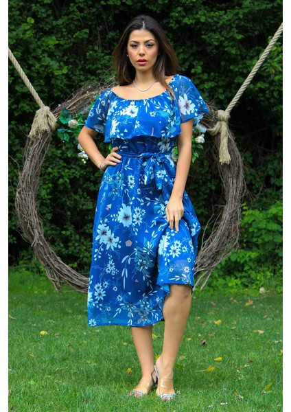 Kadın Indigo Bağlama Detaylı Madonna Yaka Şifon Elbise NB100371