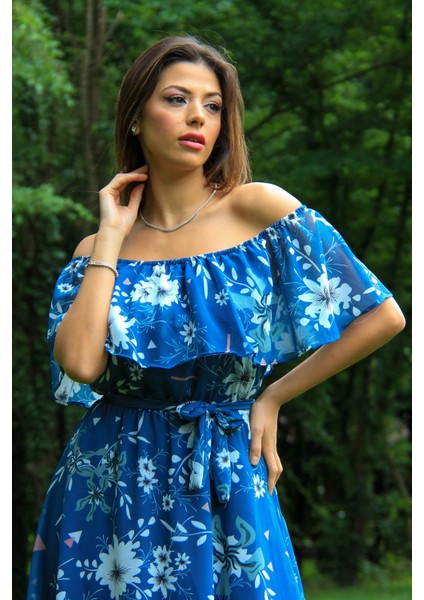 Kadın Indigo Bağlama Detaylı Madonna Yaka Şifon Elbise NB100371 fiyatları