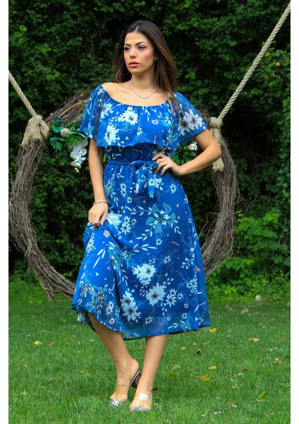 Kadın Indigo Bağlama Detaylı Madonna Yaka Şifon Elbise NB100371 modelleri