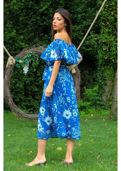 Kadın Indigo Bağlama Detaylı Madonna Yaka Şifon Elbise NB100371 fırsatları