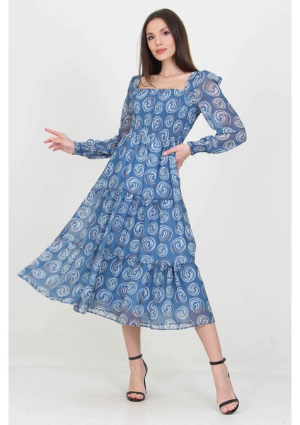 Kadın Indigo Gipeli Kare Yaka Desenli Şifon Elbise NB100361