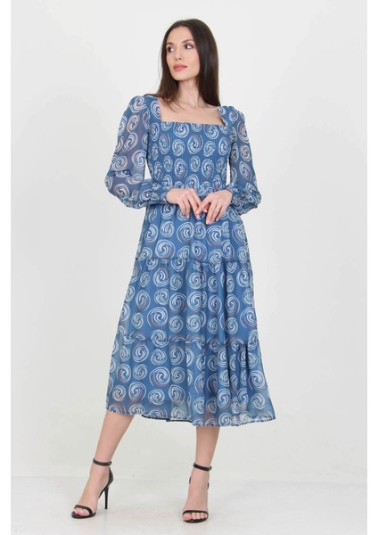Kadın Indigo Gipeli Kare Yaka Desenli Şifon Elbise NB100361 fiyatları