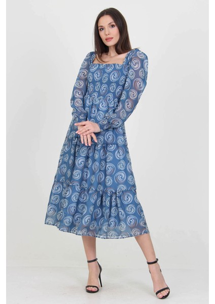 Kadın Indigo Gipeli Kare Yaka Desenli Şifon Elbise NB100361 modelleri
