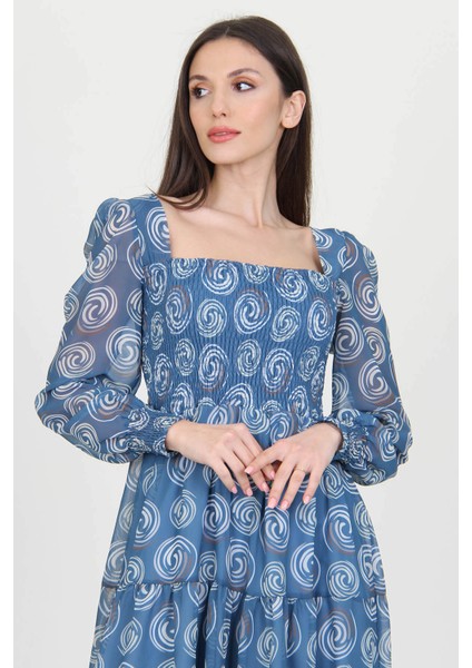 Kadın Indigo Gipeli Kare Yaka Desenli Şifon Elbise NB100361 indirimleri