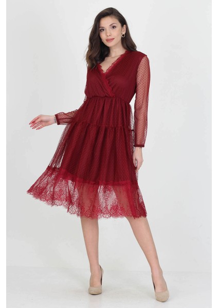 Neseli Butik Kruvaze Yaka Eteği Güpür Detaylı Yeni Sezon Elbise NB0010 fiyatları