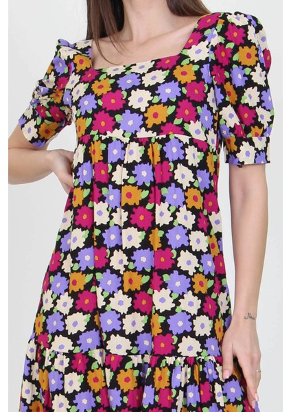 Kadın Lila Kare Yaka Eteği Fırfırlı Çiçek Desenli Viskon Elbise NB10026 indirimleri