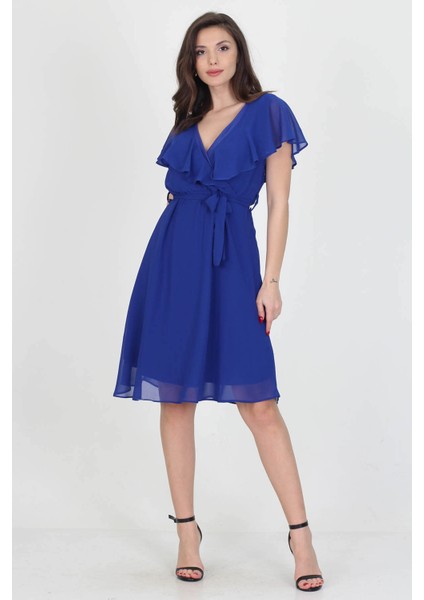 Kadın Midi Boy Yeni Sezon Kruvaze Yaka Melek Kol Şifon Elbise RY8081 modelleri