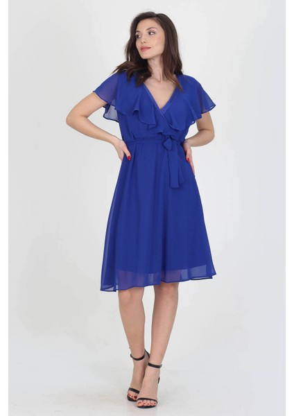 Kadın Midi Boy Yeni Sezon Kruvaze Yaka Melek Kol Şifon Elbise RY8081 fırsatları