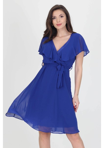 Kadın Midi Boy Yeni Sezon Kruvaze Yaka Melek Kol Şifon Elbise RY8081 indirimleri