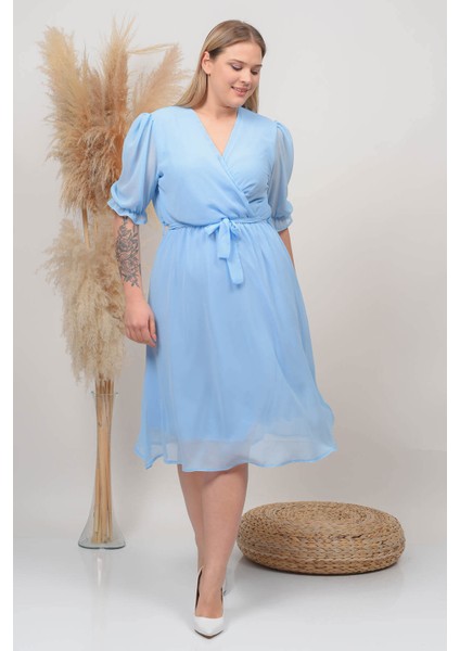Kadın Bebe Mavisi Kruvaze Yaka Büyük Beden Şifon Elbise NB8062