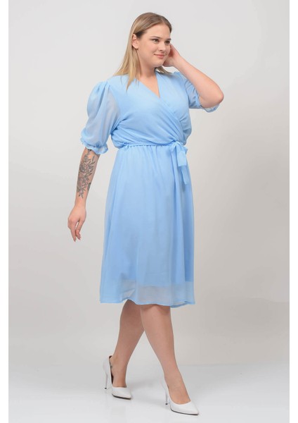 Kadın Bebe Mavisi Kruvaze Yaka Büyük Beden Şifon Elbise NB8062 fiyatları