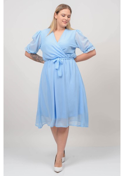 Kadın Bebe Mavisi Kruvaze Yaka Büyük Beden Şifon Elbise NB8062 fırsatları