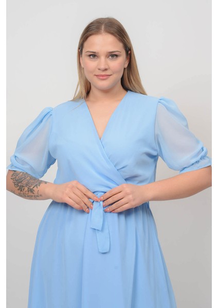 Kadın Bebe Mavisi Kruvaze Yaka Büyük Beden Şifon Elbise NB8062 indirimleri