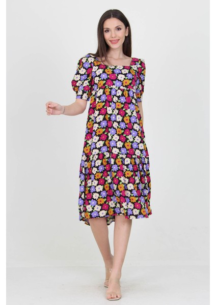 Kadın Lila Kare Yaka Eteği Fırfırlı Çiçek Desenli Viskon Elbise NB10026 fiyatları
