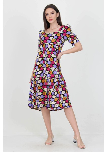Kadın Lila Kare Yaka Eteği Fırfırlı Çiçek Desenli Viskon Elbise NB10026 modelleri